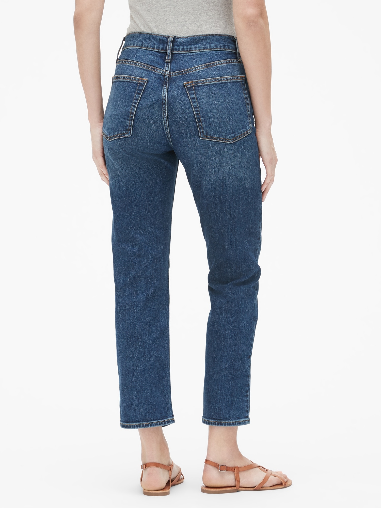 high rise cheeky straight jeans with distressed detail