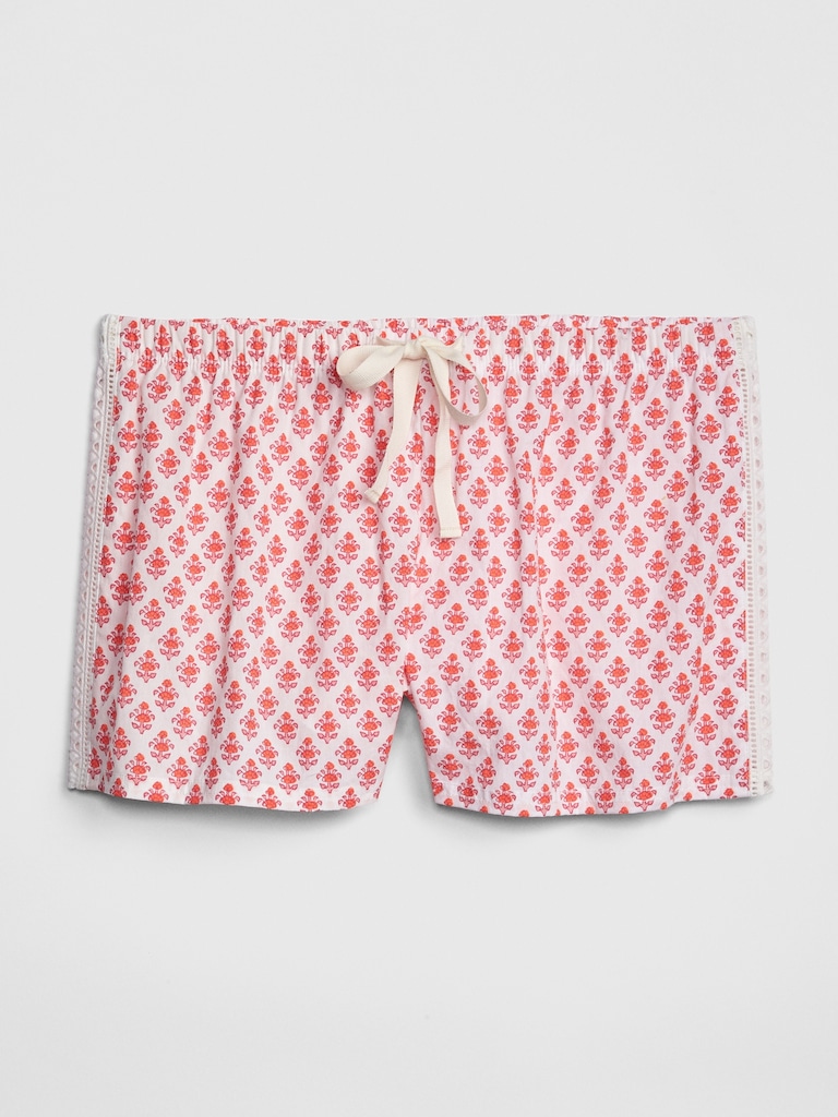 Lace-Trim Print Shorts in Poplin