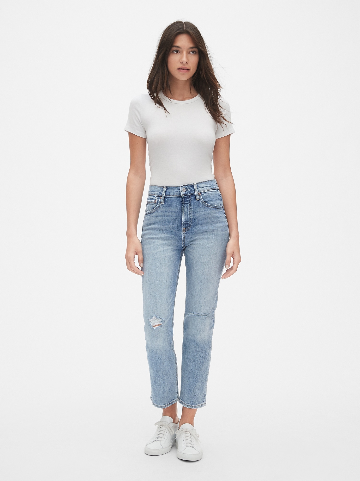 High Rise Cheeky Straight Jeans with Distressed Detail | Gap