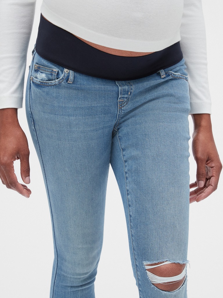 Maternity Soft Wear Demi Panel True Skinny Jeans with Distressed Detail
