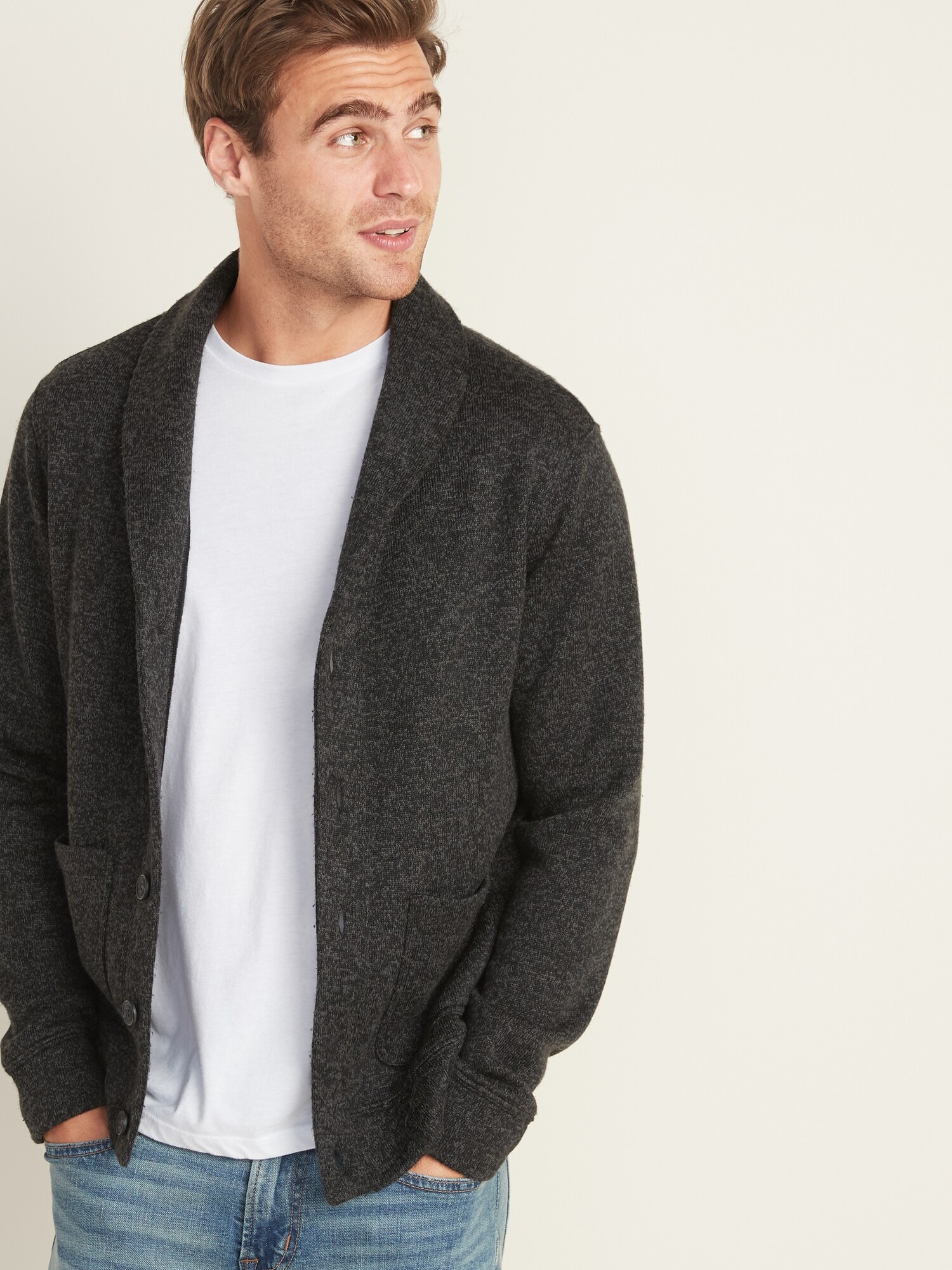 Shawl-Collar Button-Front Sweater-Fleece Cardigan for Men