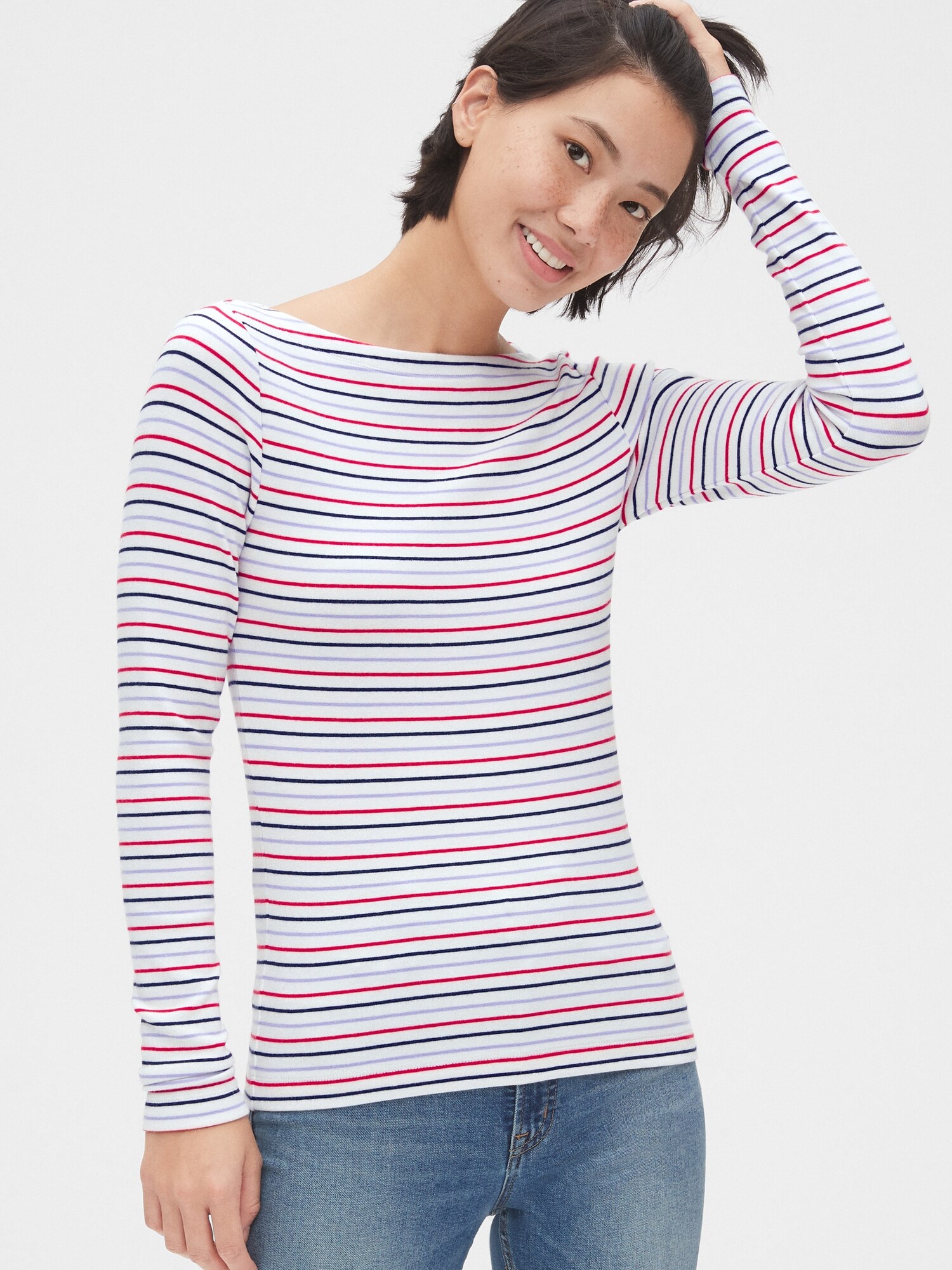 NWT GAP Modern Long Sleeve Boatneck T-Shirt Tee Shirt Pink Stripe Women XS S 