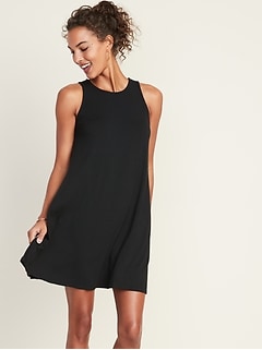 black sleeveless swing dress