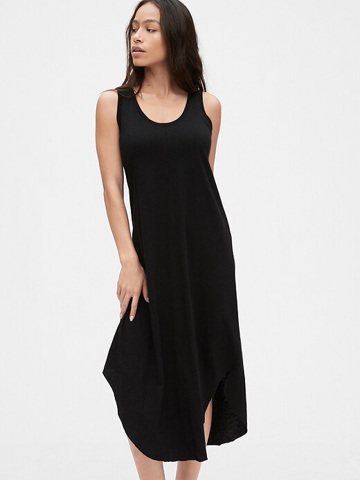 black scoop neck midi dress