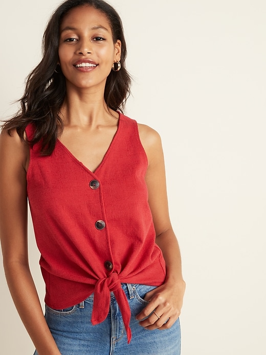 Cropped Tie-Hem Textured-Knit Sleeveless Top for Women 