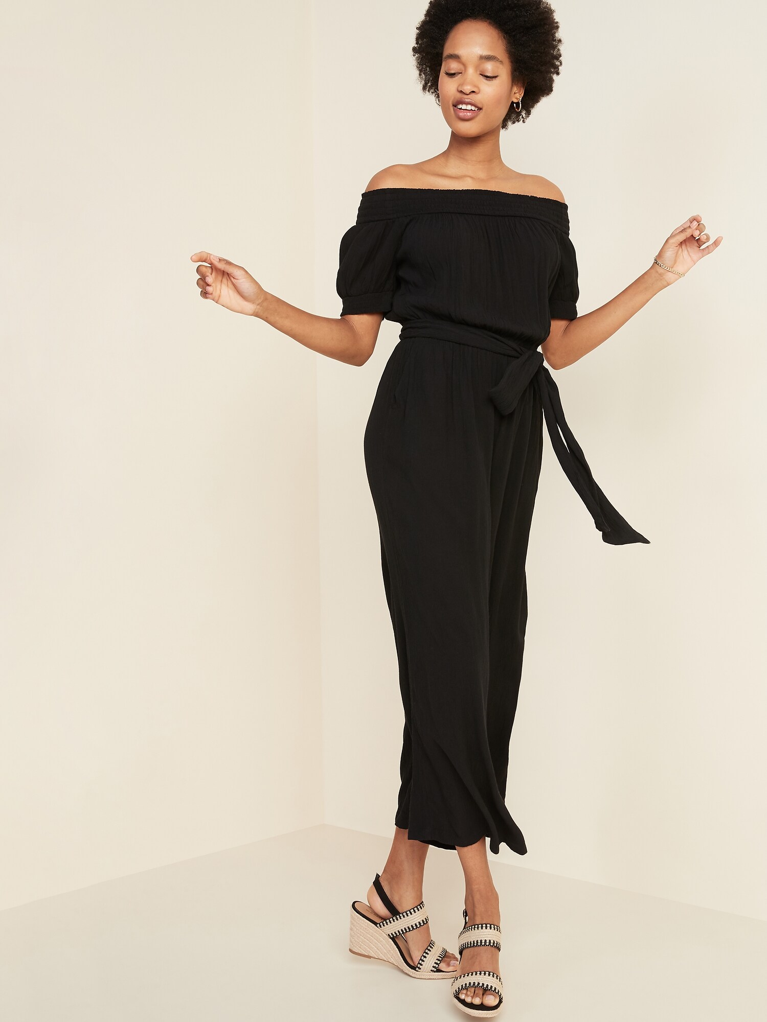off the shoulder navy jumpsuit