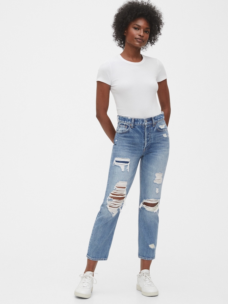 High Rise Destructed Cheeky Straight Jeans