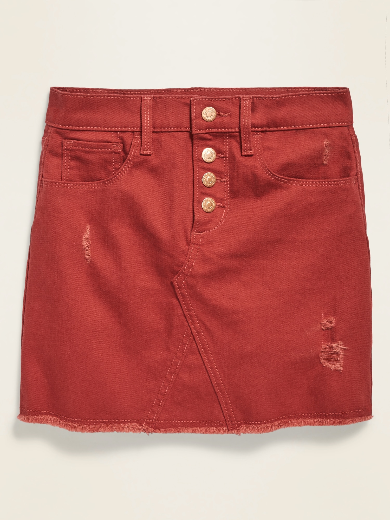 High-Waisted Button-Fly Frayed-Hem Pop-Color Jean Skirt for Girls
