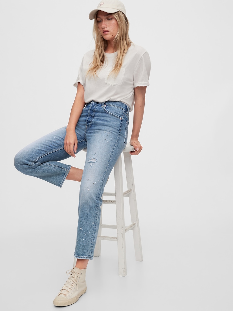 High Rise Distressed Cheeky Straight Jeans