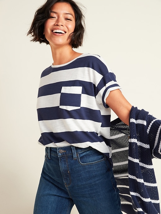 Loose Striped Pocket Easy Tee for Women
