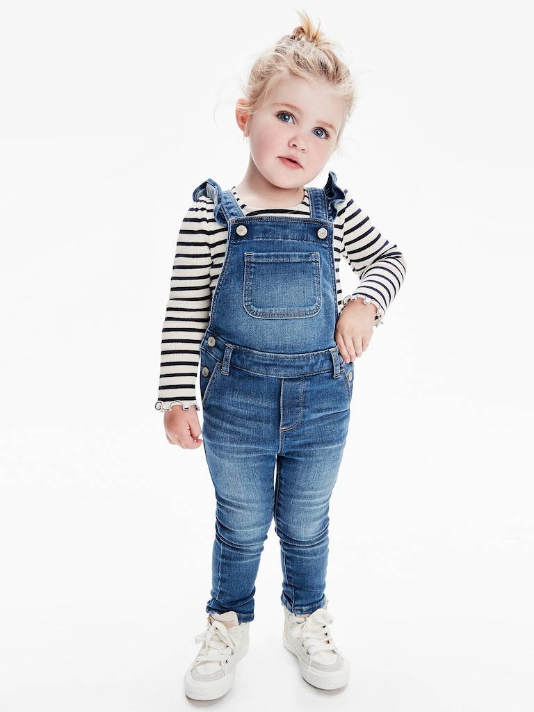 Toddler Denim Ruffle Skinny Overalls with Washwell™