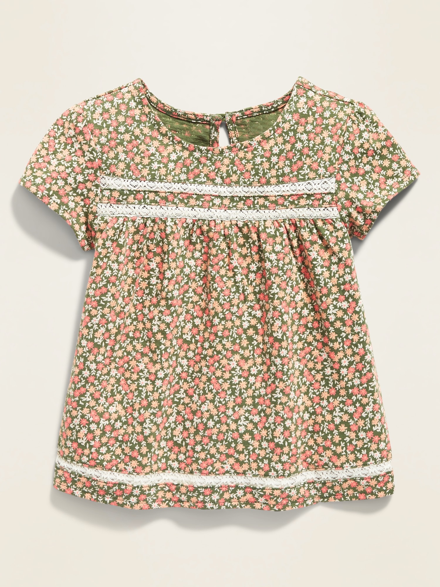Crochet-Trim Floral Jersey Swing Top for Toddler Girls