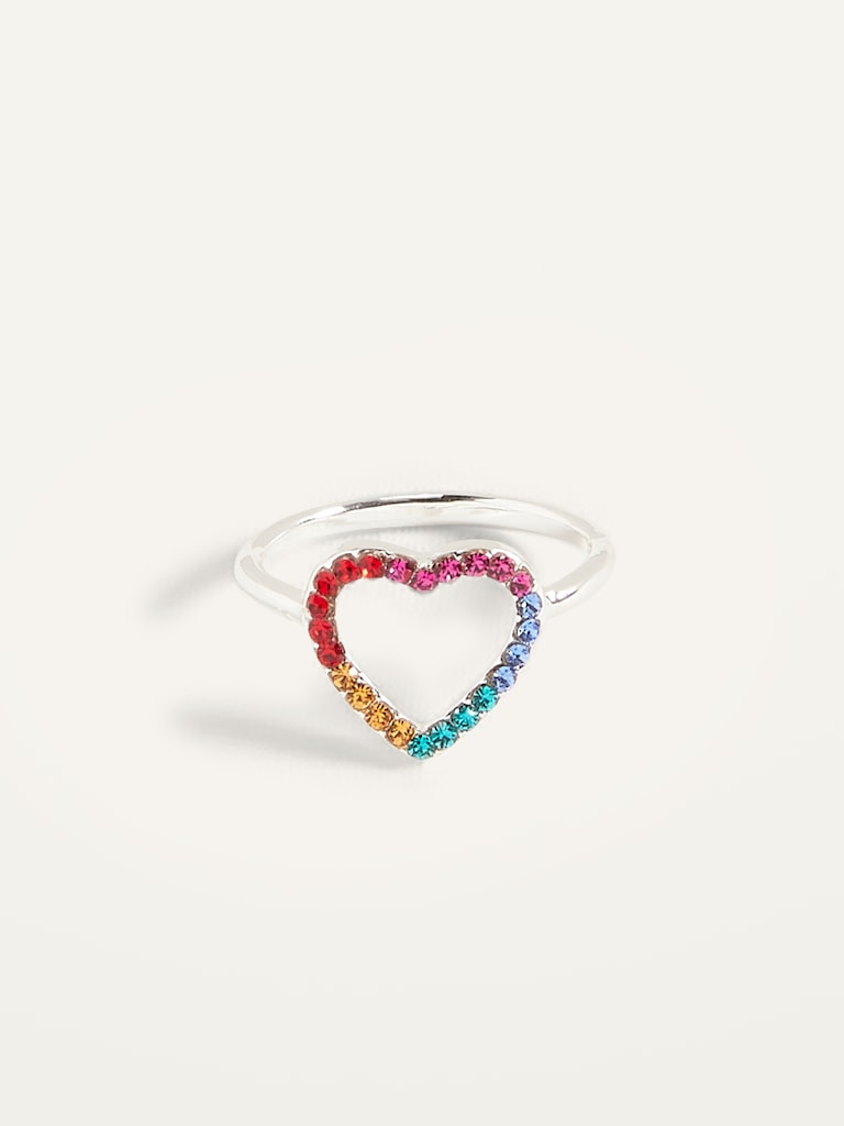 Silver-Toned Rhinestone-Heart Ring for Women