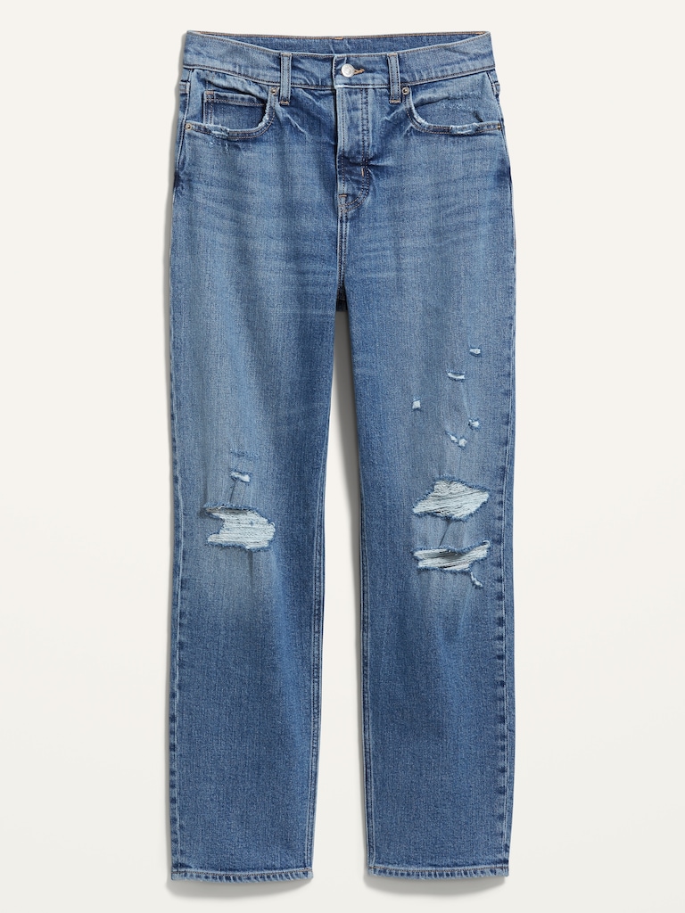 Extra High-Waisted Button-Fly Straight Ripped Jeans