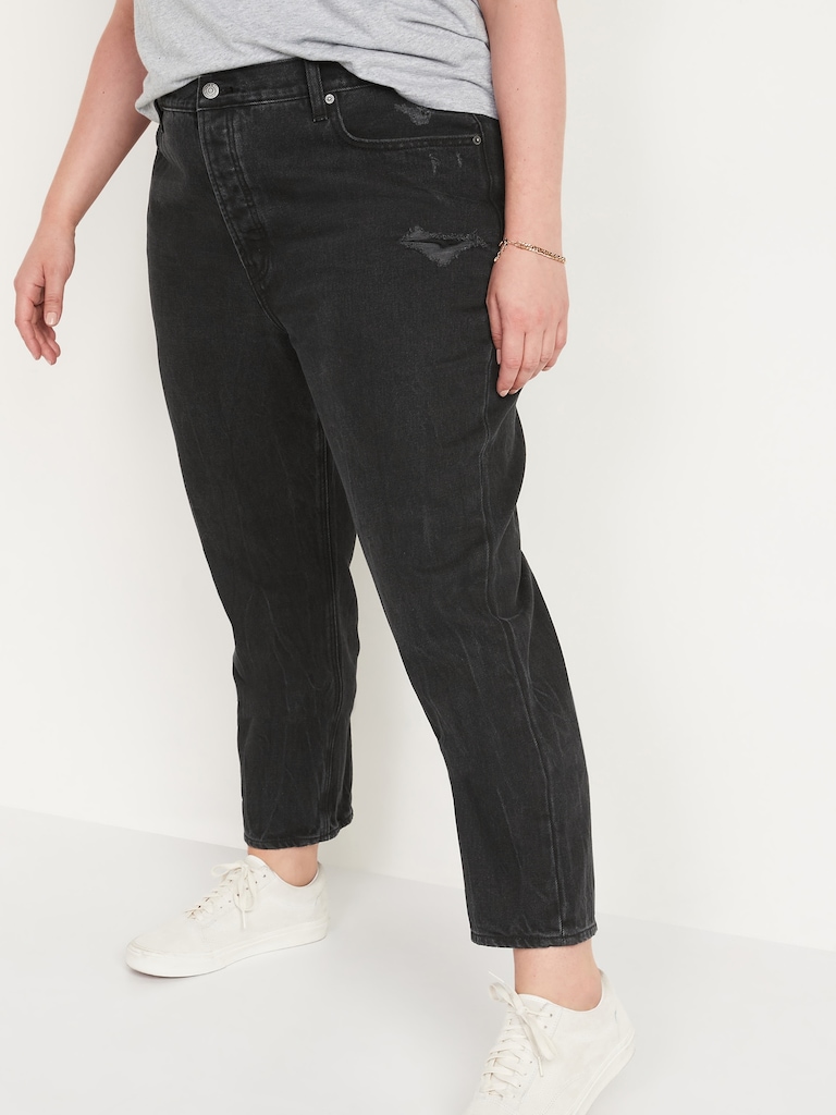 High-Waisted Slouchy Straight Cropped Distressed Jeans