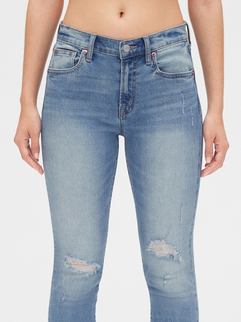 Mid Rise Distressed True Skinny Ankle Jeans