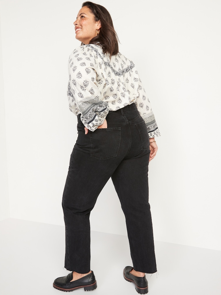 Extra High Waisted Button-Fly Sky-Hi Straight Cut-Off Jeans