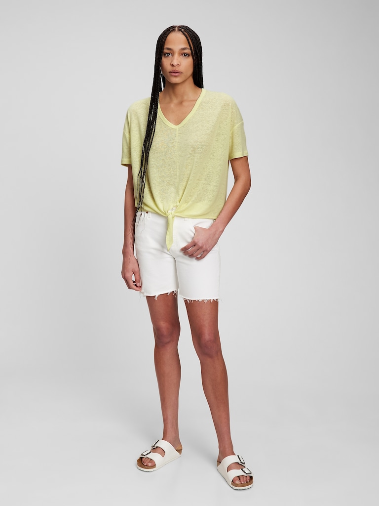 Linen Blend V-Neck Tie-Front T-Shirt