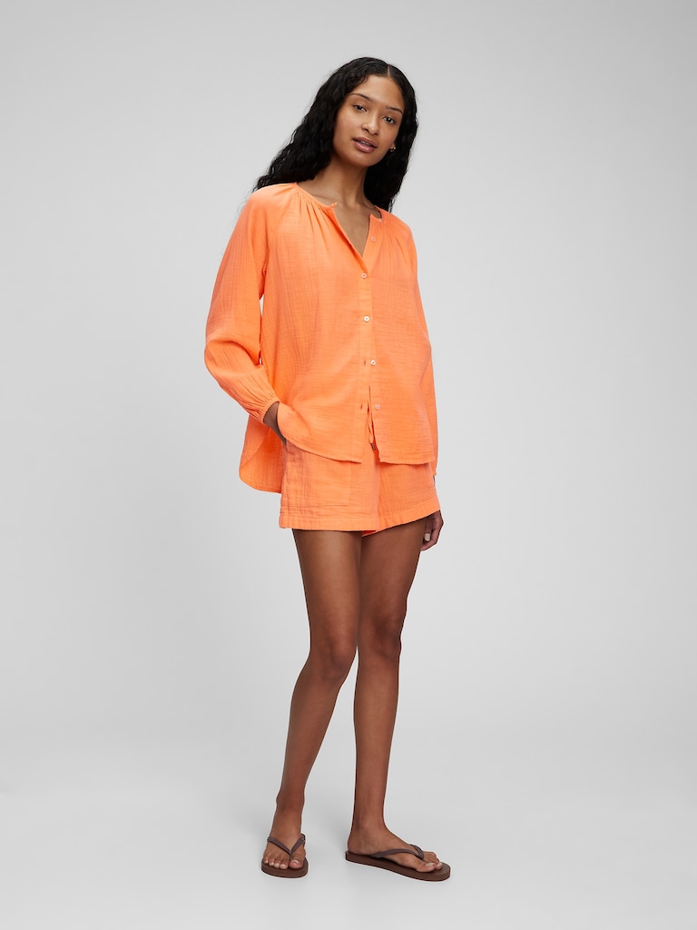 Crinkle Gauze Boatneck Button-Front Top