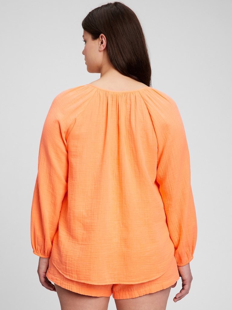 Crinkle Gauze Boatneck Button-Front Top