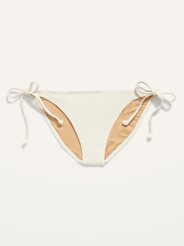 Low-Rise Rib-Knit String Bikini Swim Bottoms