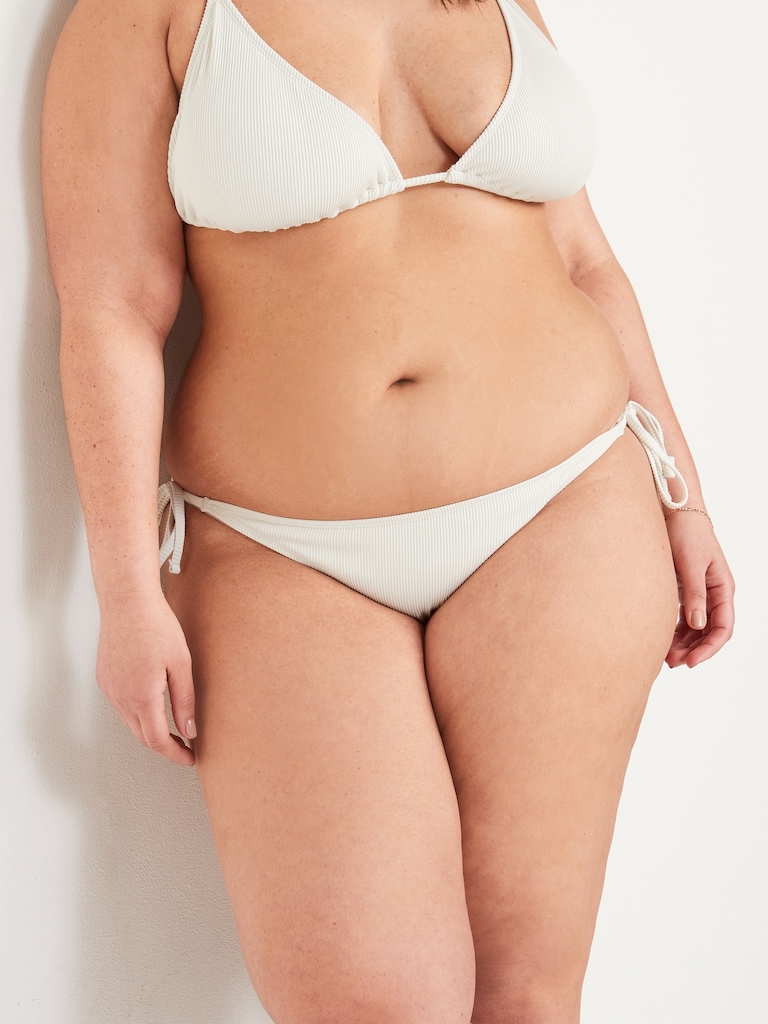 Low-Rise Rib-Knit String Bikini Swim Bottoms