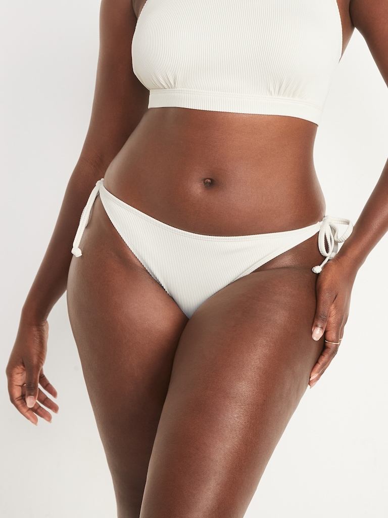 Low-Rise Rib-Knit String Bikini Swim Bottoms