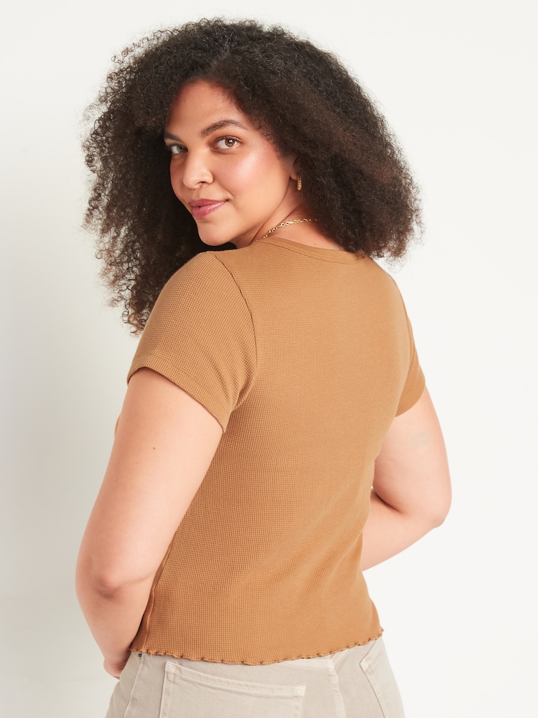 Short-Sleeve Cropped Lettuce-Edge Waffle-Knit T-Shirt 2-Pack