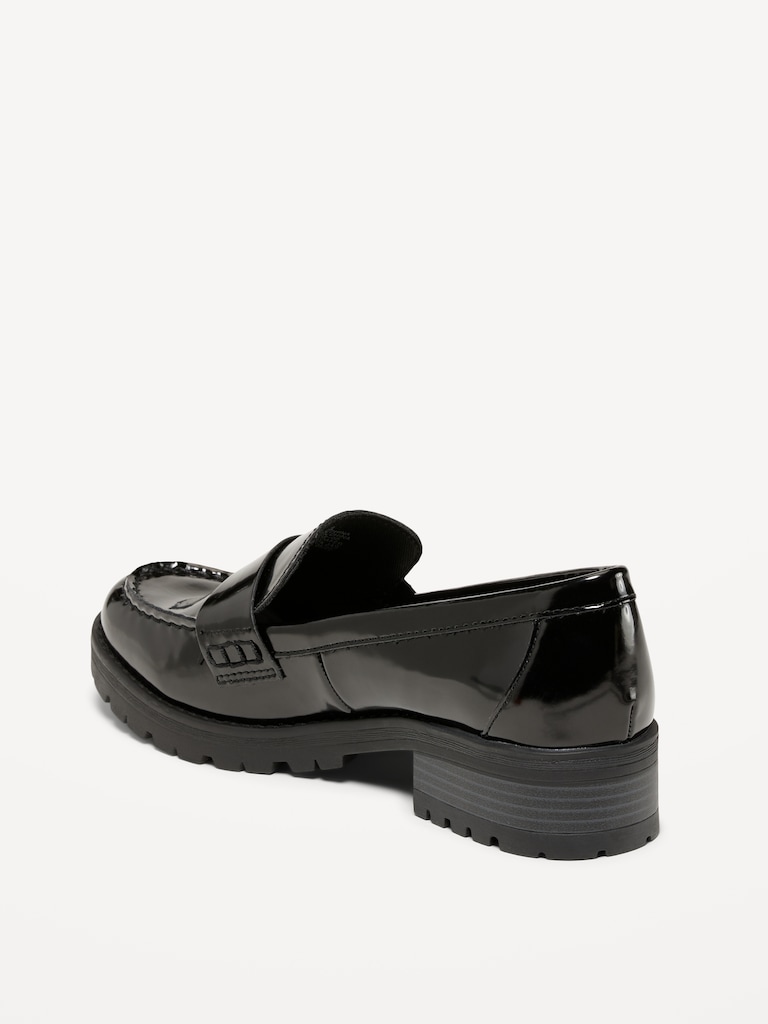 Faux-Leather Chunky Heel Loafers