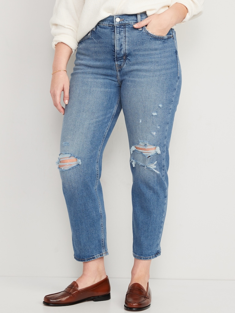 Extra High-Waisted Button-Fly Straight Ripped Jeans
