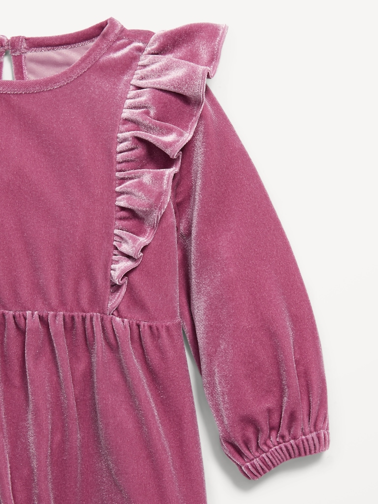 Long-Sleeve Ruffle-Trim Velvet One-Piece and Headband Set for Baby
