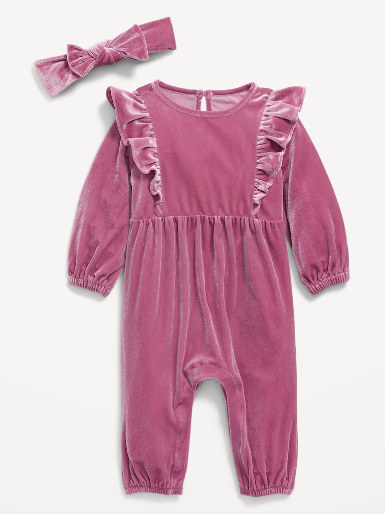 Long-Sleeve Ruffle-Trim Velvet One-Piece and Headband Set for Baby