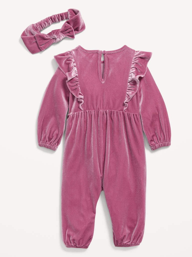 Long-Sleeve Ruffle-Trim Velvet One-Piece and Headband Set for Baby