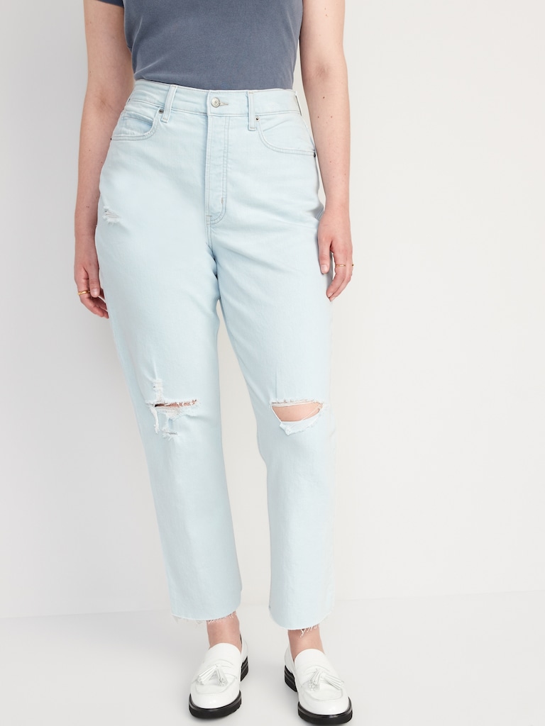 Curvy Extra High-Waisted Button-Fly Straight Ripped Cut-Off Jeans
