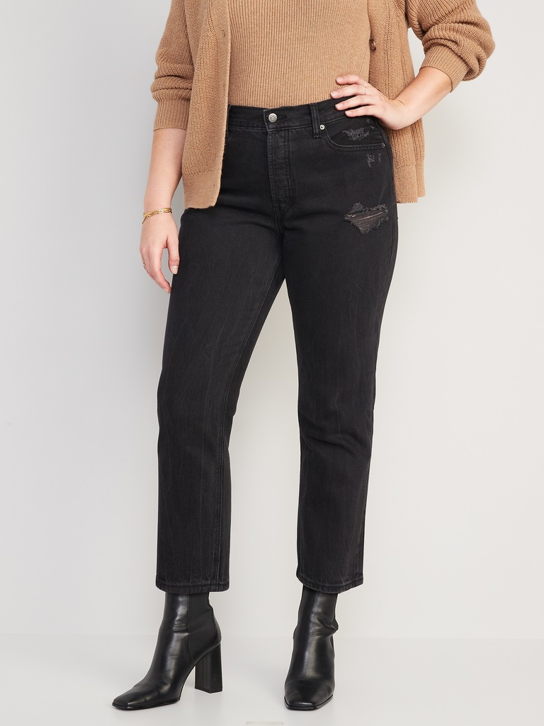 High-Waisted Slouchy Straight Cropped Distressed Jeans