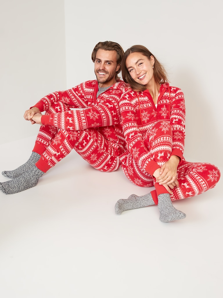 Gender-Neutral Matching Print Microfleece One-Piece Pajamas for Adults