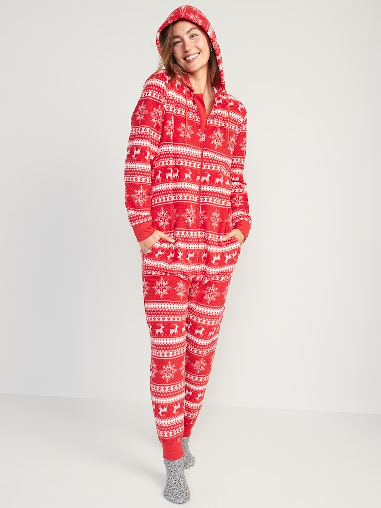 Gender-Neutral Matching Print Microfleece One-Piece Pajamas for Adults