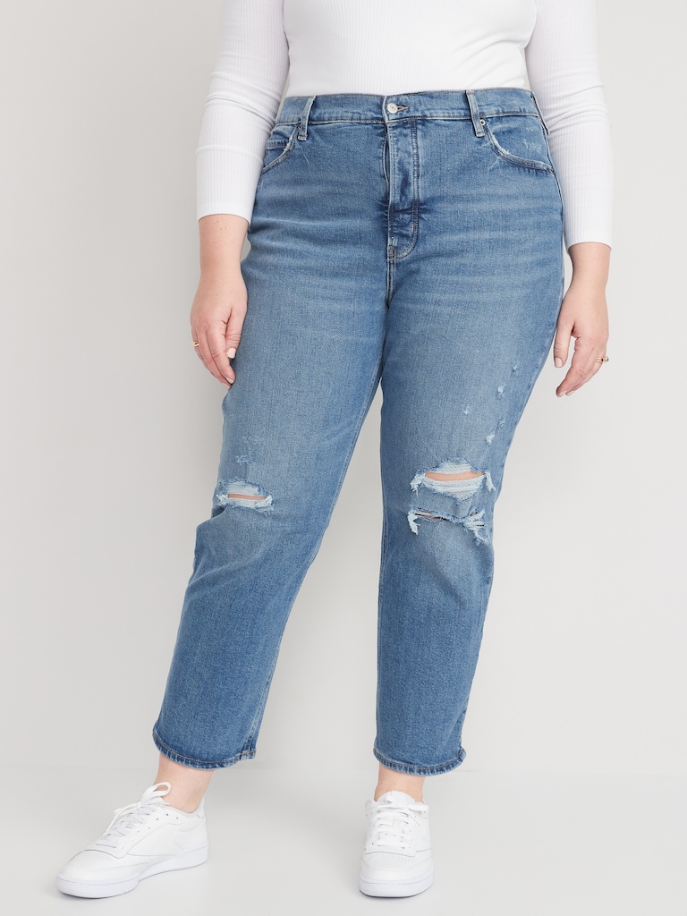 Extra High-Waisted Button-Fly Straight Ripped Jeans