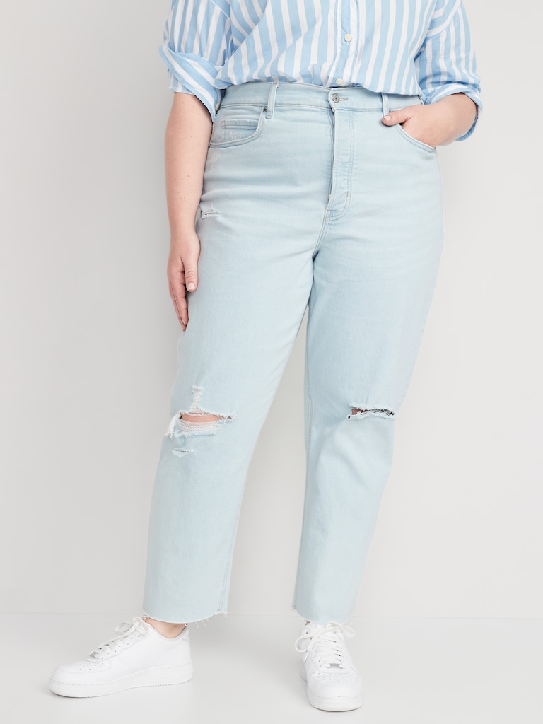 Curvy Extra High-Waisted Button-Fly Straight Ripped Cut-Off Jeans
