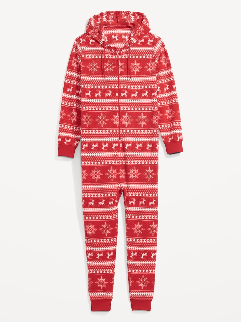 Gender-Neutral Matching Print Microfleece One-Piece Pajamas for Adults