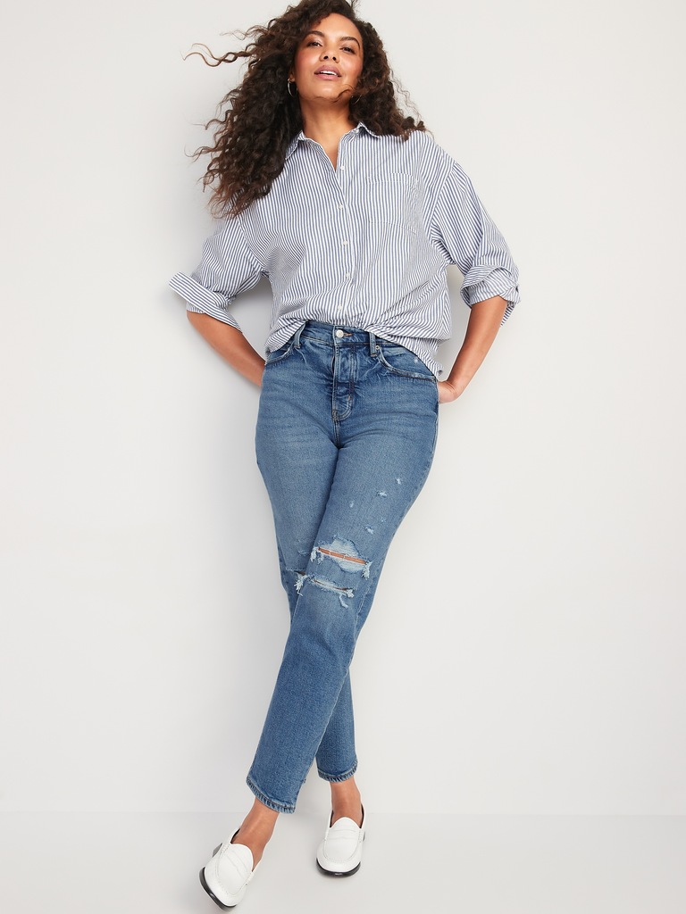 Extra High-Waisted Button-Fly Straight Ripped Jeans
