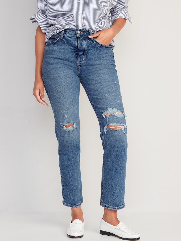 Extra High-Waisted Button-Fly Straight Ripped Jeans