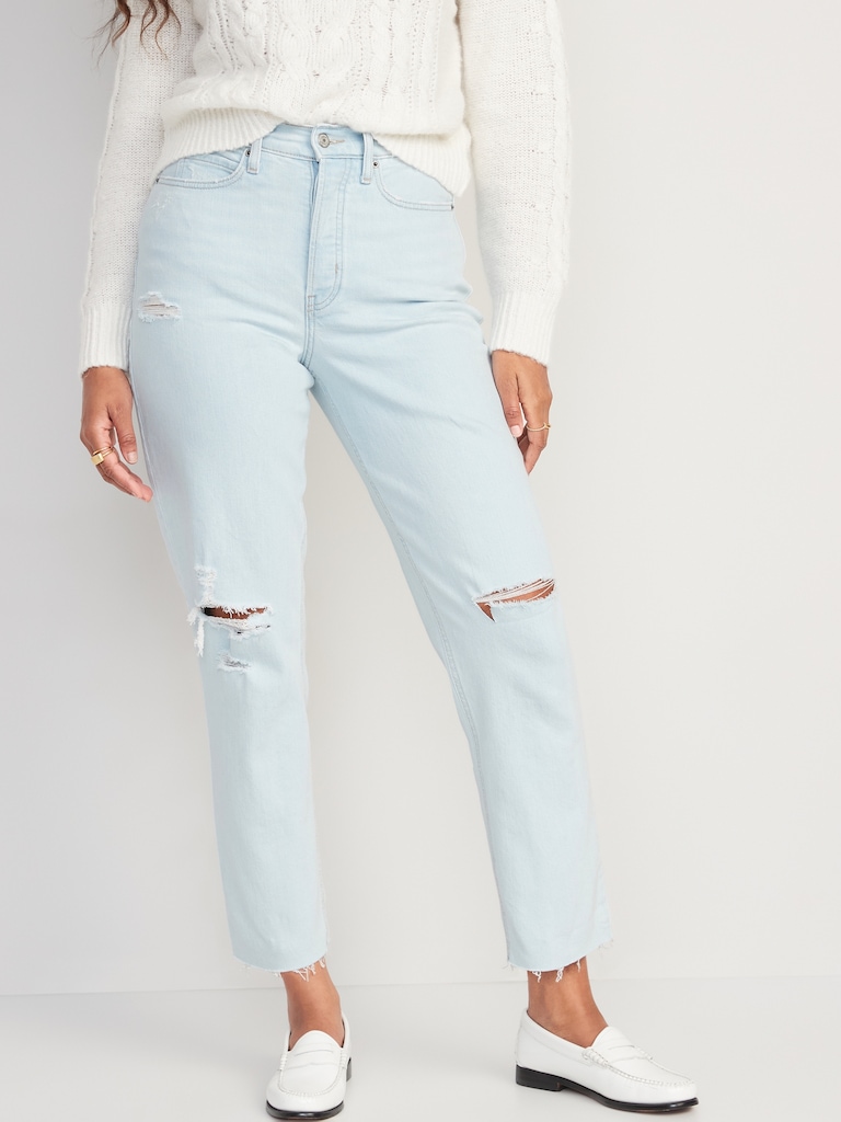 Curvy Extra High-Waisted Button-Fly Straight Ripped Cut-Off Jeans