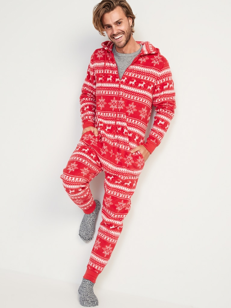Gender-Neutral Matching Print Microfleece One-Piece Pajamas for Adults