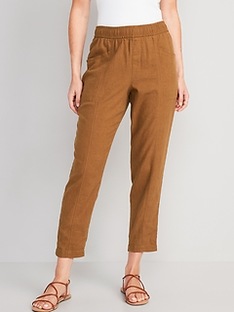 High-Waisted Cropped Linen-Blend Tapered Womens Pants (Size: M in Sisal)