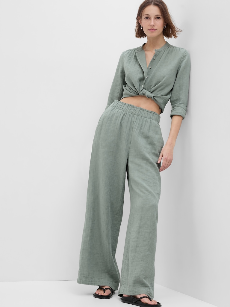 Crinkle Gauze Wide-Leg Pants