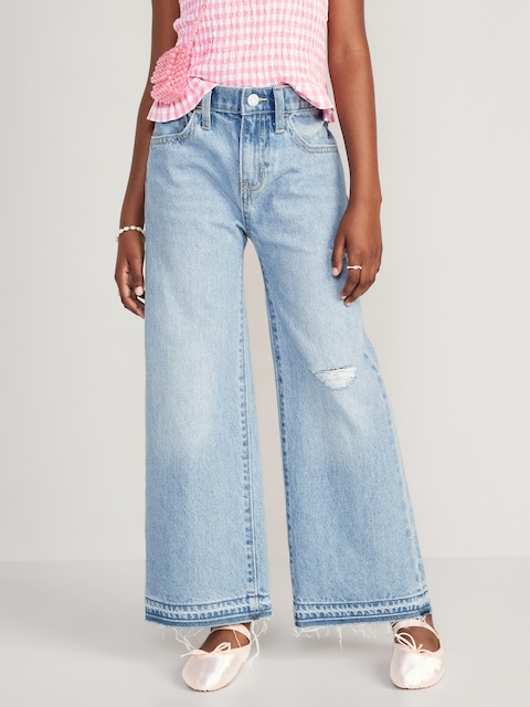 Jean Large Fille Effet Usé - Coupe Loose, Fermeture Boutons, 5 Poches