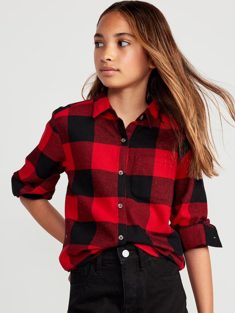 Cozy Long-Sleeve Button-Front Plaid Tunic Shirt for Girls