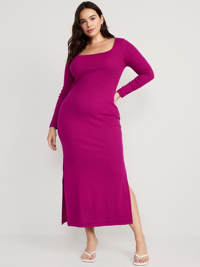 Fitted Rib-Knit Square-Neck Midi Dress