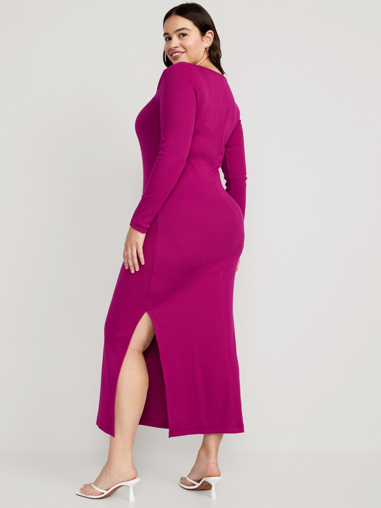Fitted Rib-Knit Square-Neck Midi Dress